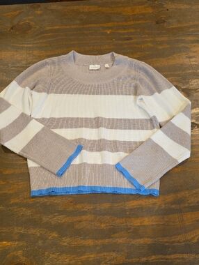 Cyrus Beige and White Striped Crewneck Sweater with Blue Trim